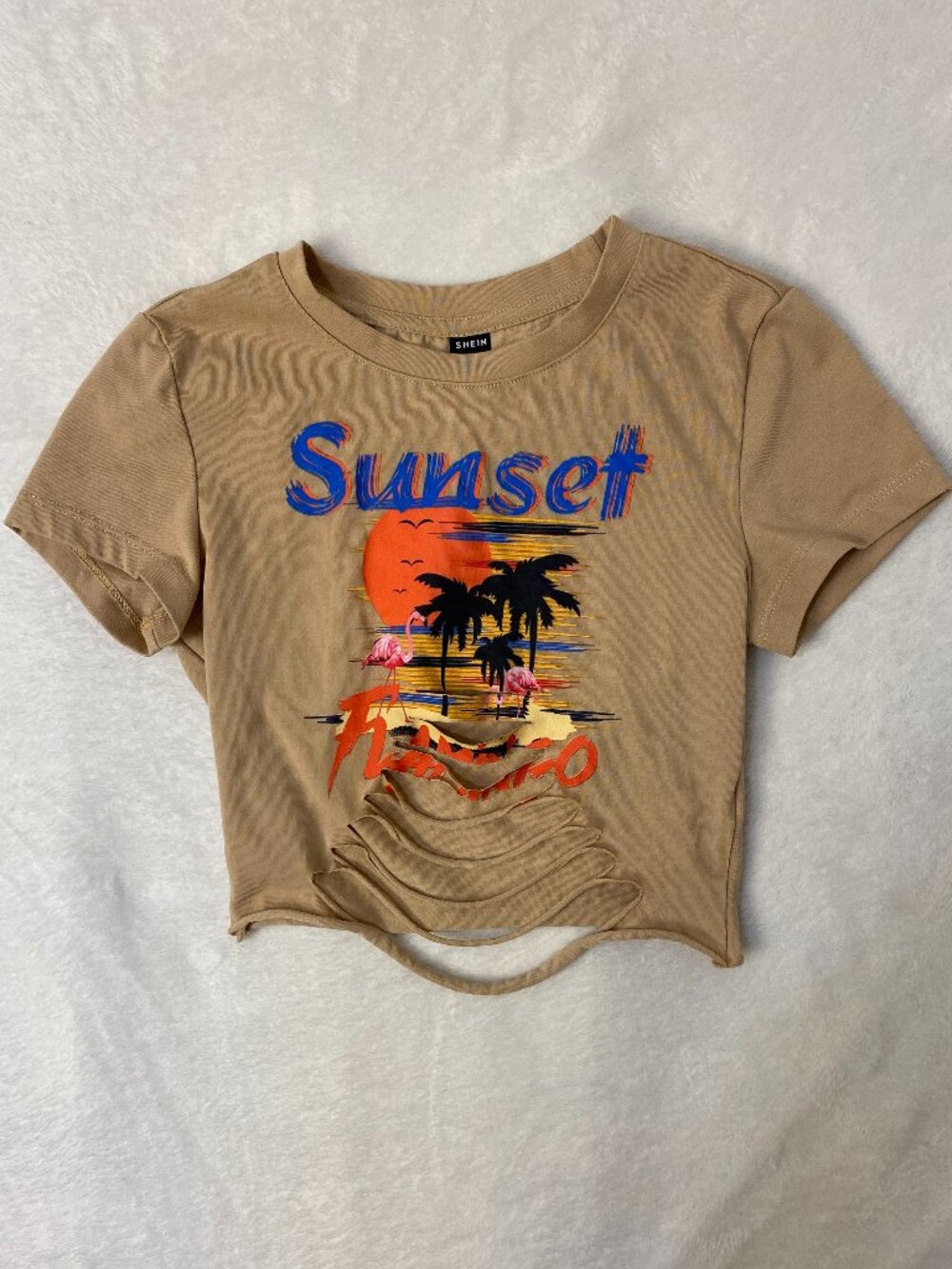 Shein Sunset Flamingo Distressed Crop Top Size XS Tan Beach Coastal Skater Surf